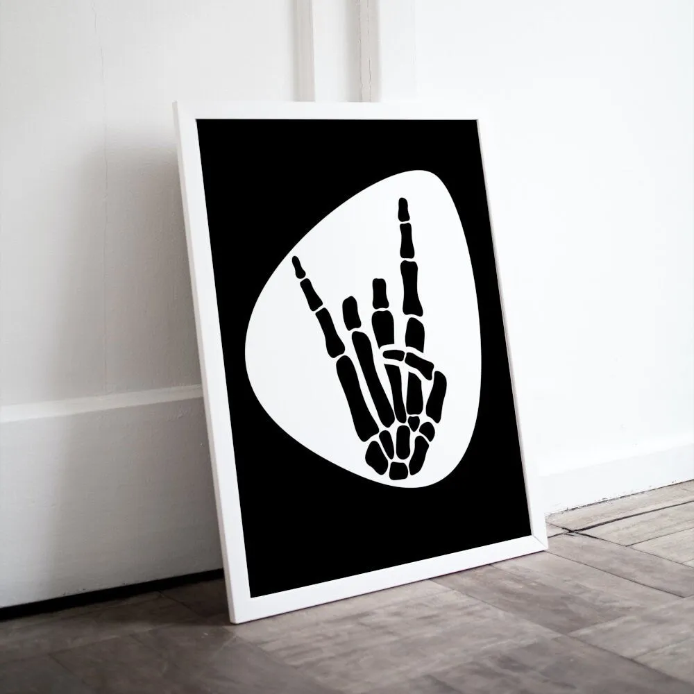 Skeleton Rock Horns Black & White Wall Art INSTANT DOWNLOAD Art Print, Musician Gift, Guitar Pick, Punk Rock Poster, Skeleton Rock Hand Silhouette