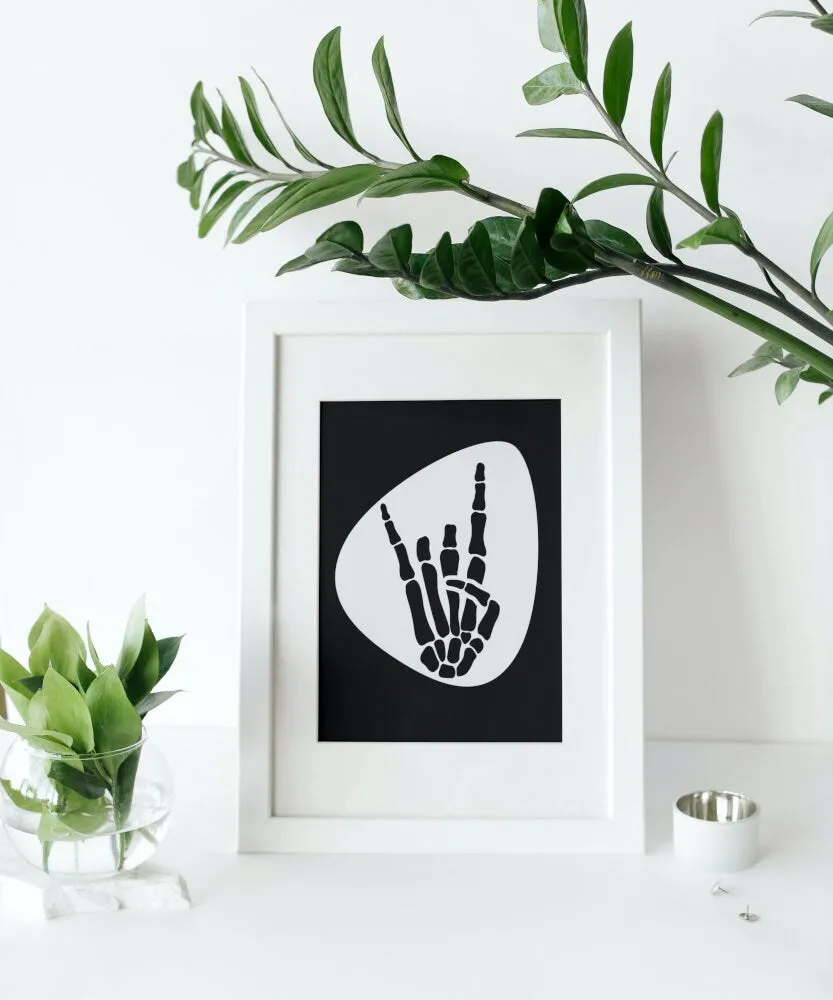 Skeleton Rock Horns Black & White Wall Art INSTANT DOWNLOAD Art Print, Musician Gift, Guitar Pick, Punk Rock Poster, Skeleton Rock Hand Silhouette