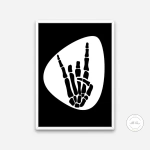 Skeleton Rock Horns Black & White Wall Art INSTANT DOWNLOAD Art Print, Musician Gift, Guitar Pick, Punk Rock Poster, Skeleton Rock Hand Silhouette