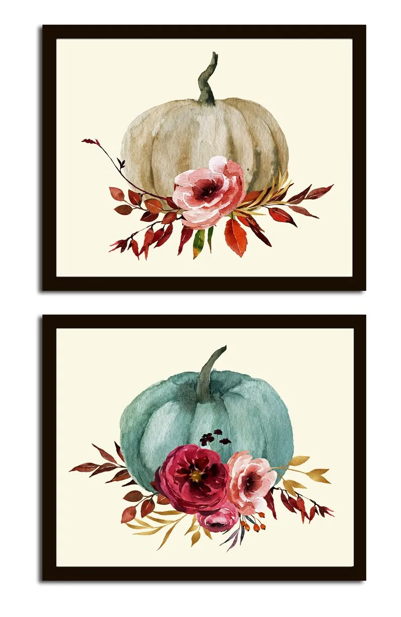 Thanksgiving Wall Art Fall Home Decor Pumpkins Flowers Print Set of 2 Botanical Poster Living Dining Room Fireplace Home Decor to Frame CM