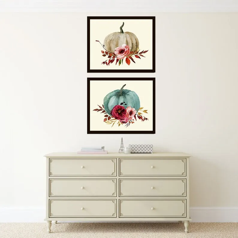 Thanksgiving Wall Art Fall Home Decor Pumpkins Flowers Print Set of 2 Botanical Poster Living Dining Room Fireplace Home Decor to Frame CM