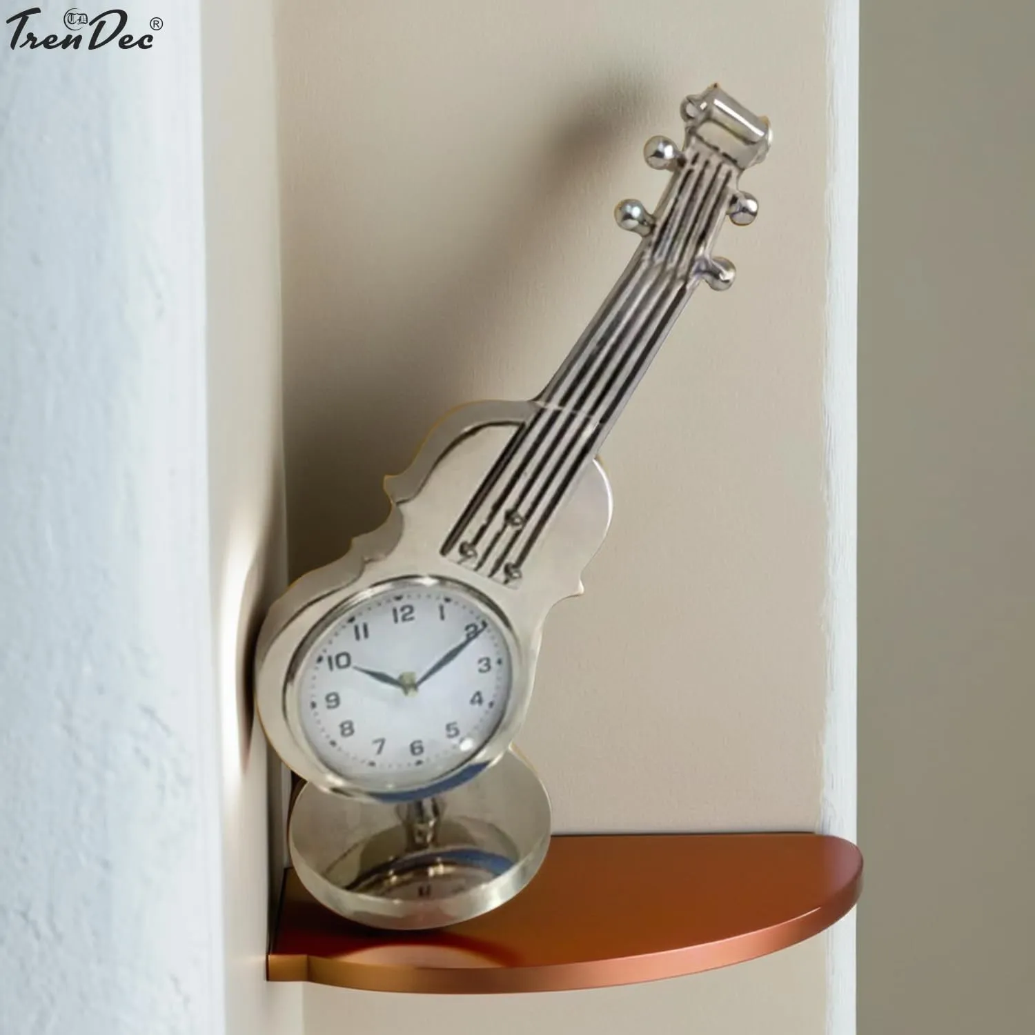 TrenDec Silver Finish Metal Guitar Shape Clock | Tableware Decorative Item | Clock for Home Decor | Home Decor | Clock Gift Item | Clock for LIvingroom & Bedroom & Office