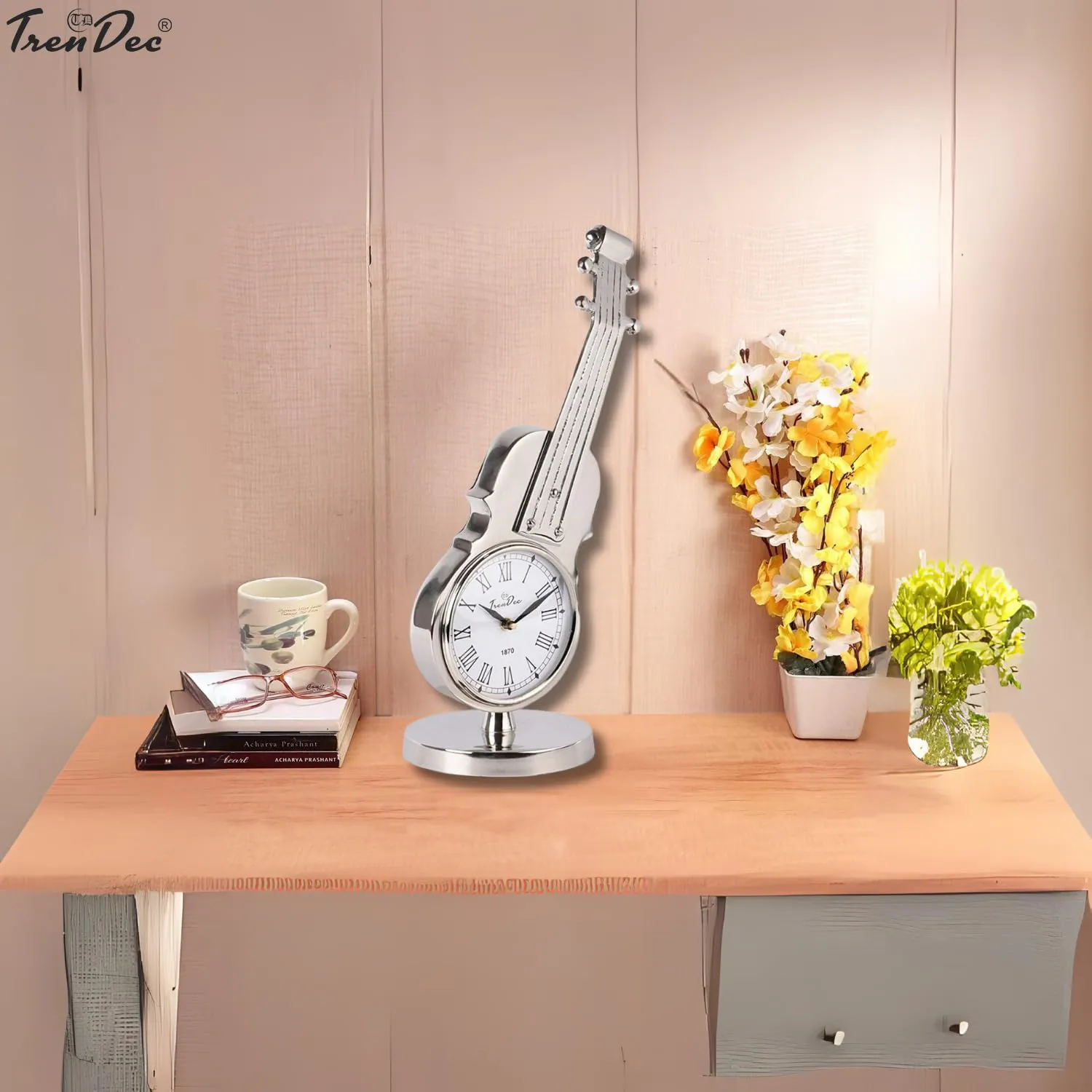 TrenDec Silver Finish Metal Guitar Shape Clock | Tableware Decorative Item | Clock for Home Decor | Home Decor | Clock Gift Item | Clock for LIvingroom & Bedroom & Office