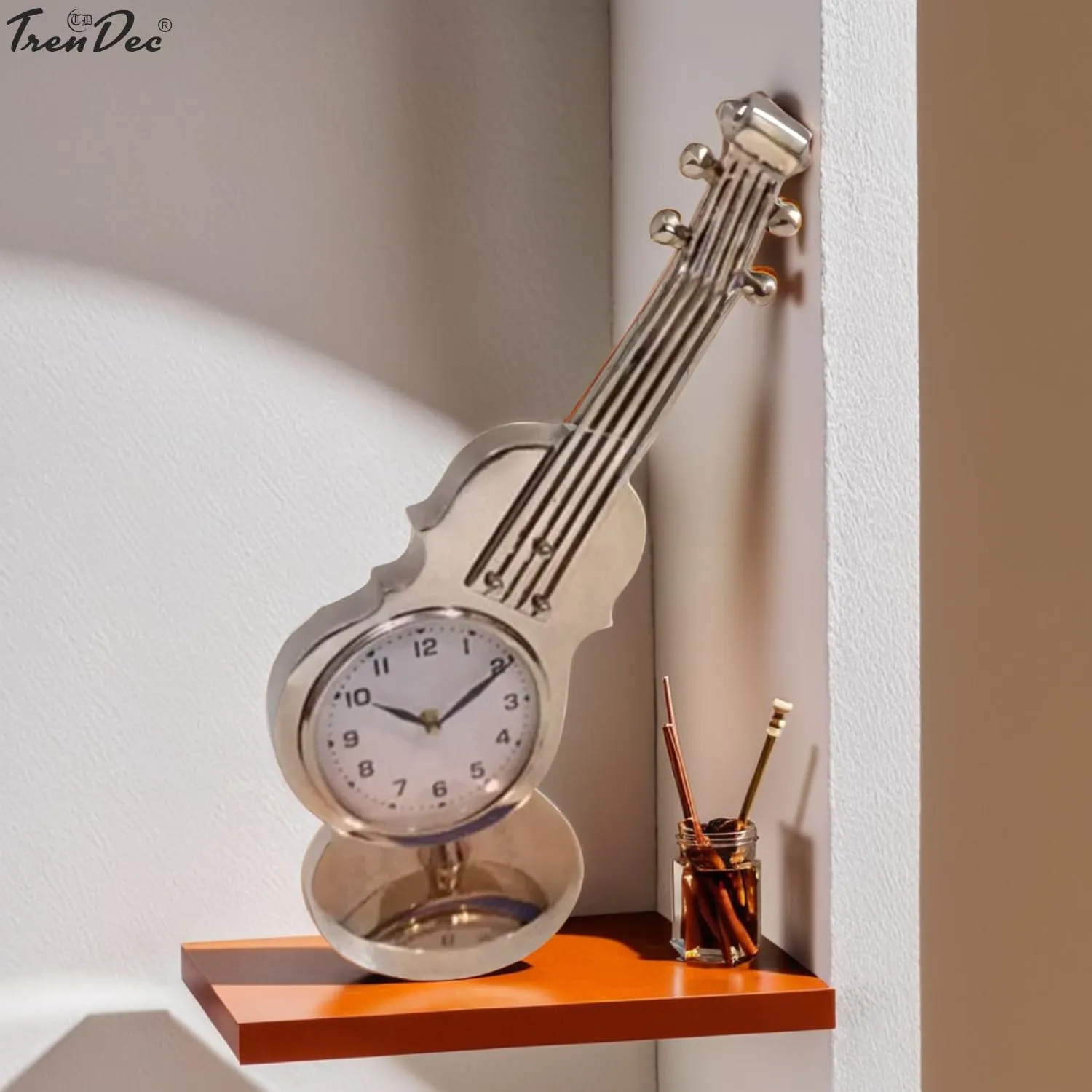 TrenDec Silver Finish Metal Guitar Shape Clock | Tableware Decorative Item | Clock for Home Decor | Home Decor | Clock Gift Item | Clock for LIvingroom & Bedroom & Office