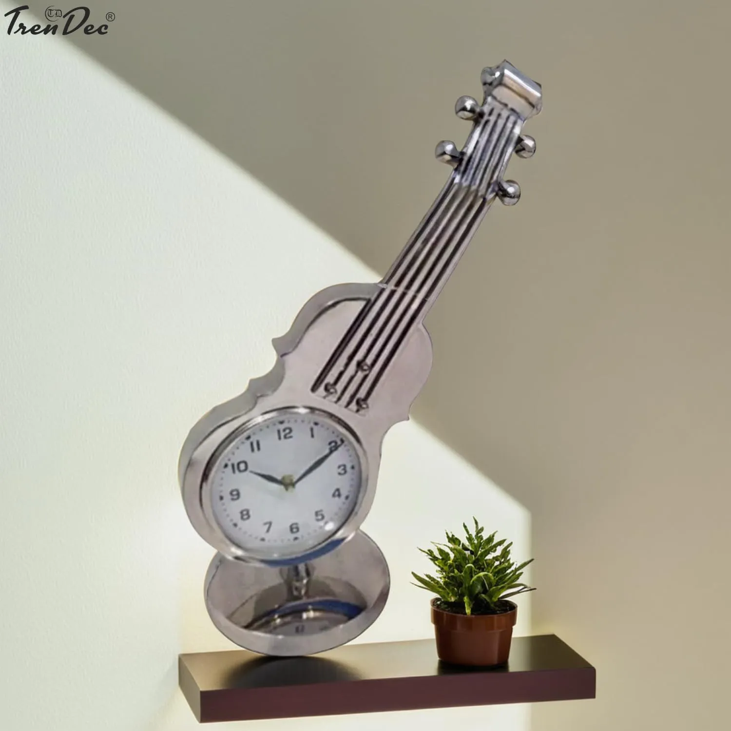 TrenDec Silver Finish Metal Guitar Shape Clock | Tableware Decorative Item | Clock for Home Decor | Home Decor | Clock Gift Item | Clock for LIvingroom & Bedroom & Office