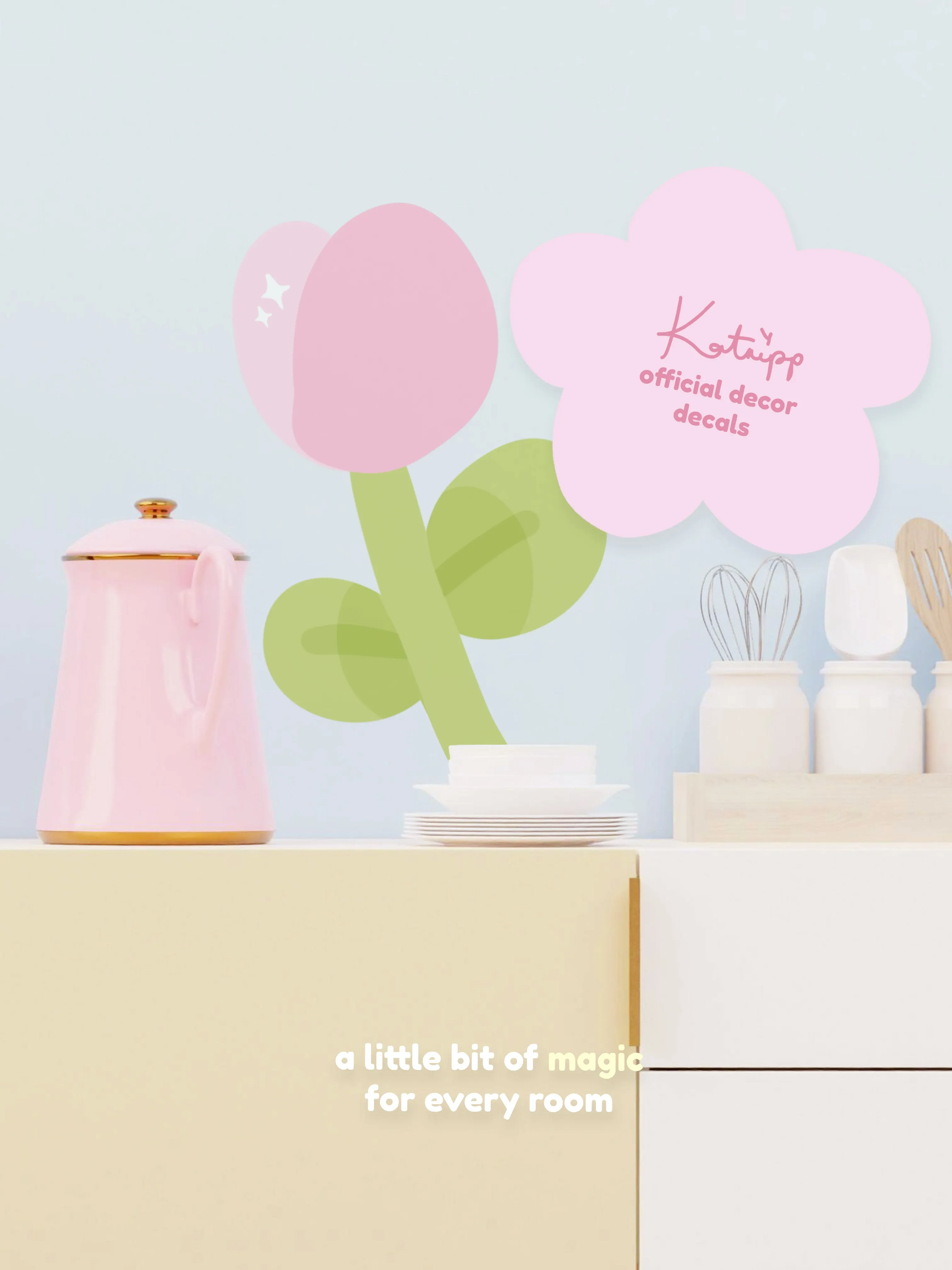 Tulip Flower Wall Decal | Katnipp Kawaii Tulip Wall Decal | Pastel Floral Removable Wall Sticker | Aesthetic Home & Nursery Decor