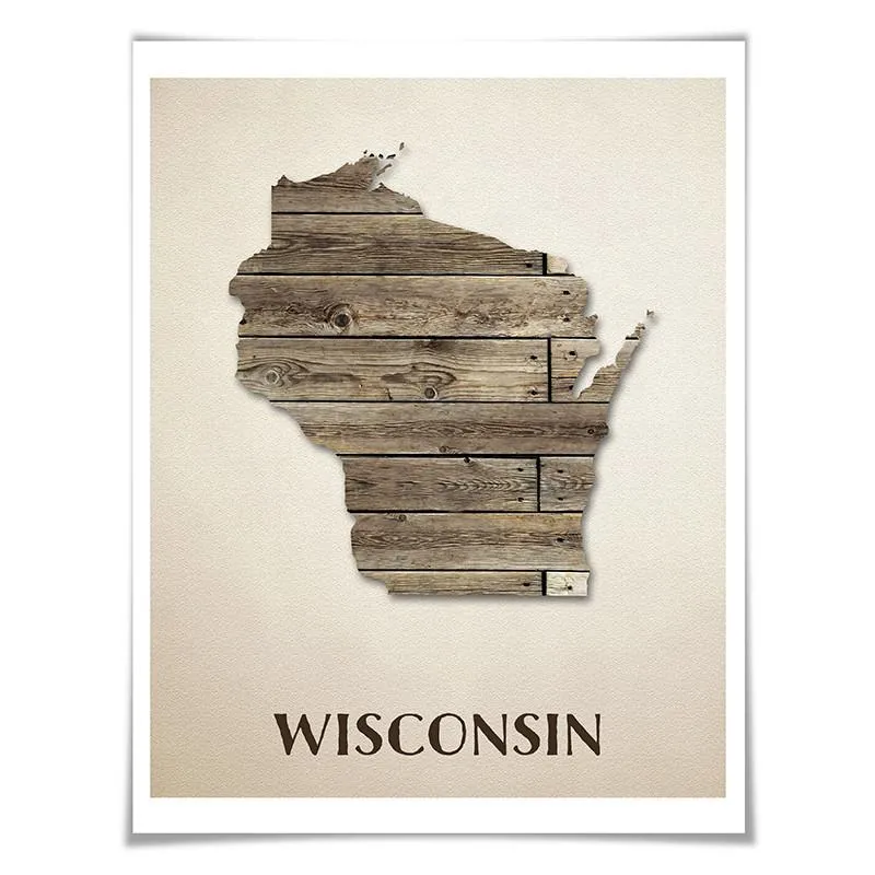 Wisconsin Map Art Print. 5 Sizes. Travel Poster. Custom State. USA Map. Rustic Art Home Decor.