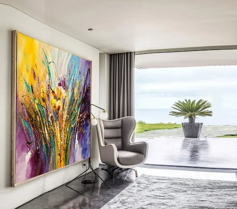 Yellow Flower Abstract Painting Original Contemporary Purple Fine Art on Canvas Federations by Maitreyii- MADE-TO-ORDER