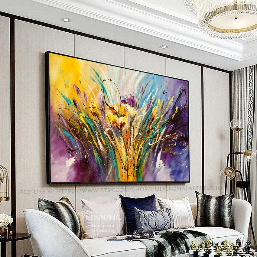 Yellow Flower Abstract Painting Original Contemporary Purple Fine Art on Canvas Federations by Maitreyii- MADE-TO-ORDER