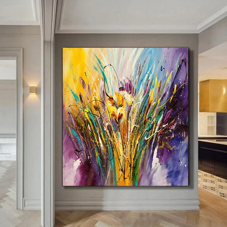 Yellow Flower Abstract Painting Original Contemporary Purple Fine Art on Canvas Federations by Maitreyii- MADE-TO-ORDER