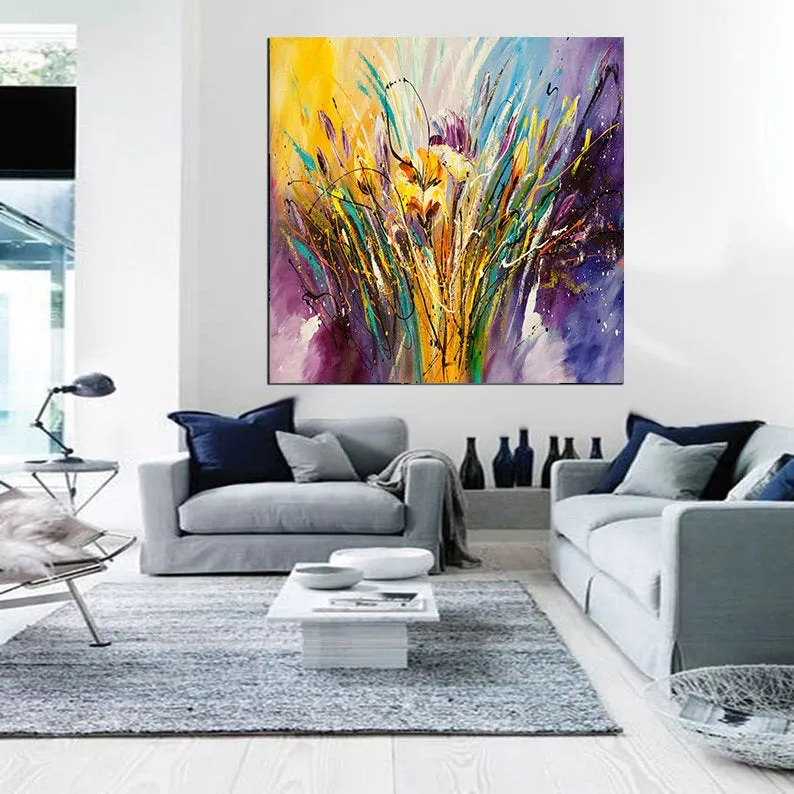 Yellow Flower Abstract Painting Original Contemporary Purple Fine Art on Canvas Federations by Maitreyii- MADE-TO-ORDER